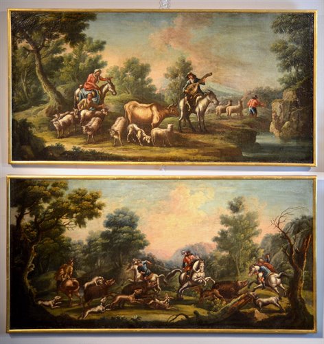 Pendant di opere 'Paesaggio con scena bucolica', 'Paesaggio con scena di caccia'